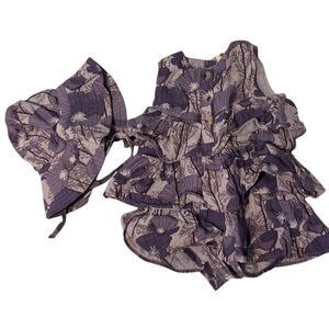 Kate Quinn Girls Purple Floral Tiered Bubble (6-12) w/ Hat (M)